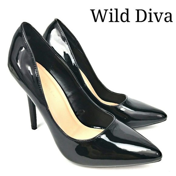Wild Diva Shoes - Black Faux Patent Leather Stilettos